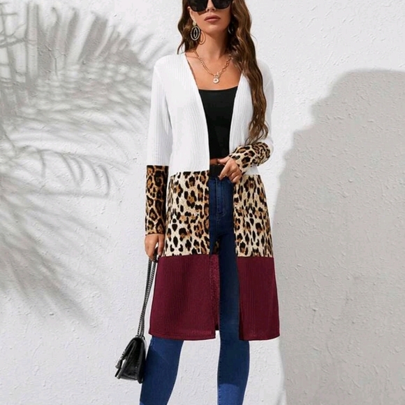 Color-block Leopard Print Open Front light knitted Coat cardigan - Picture 3 of 6